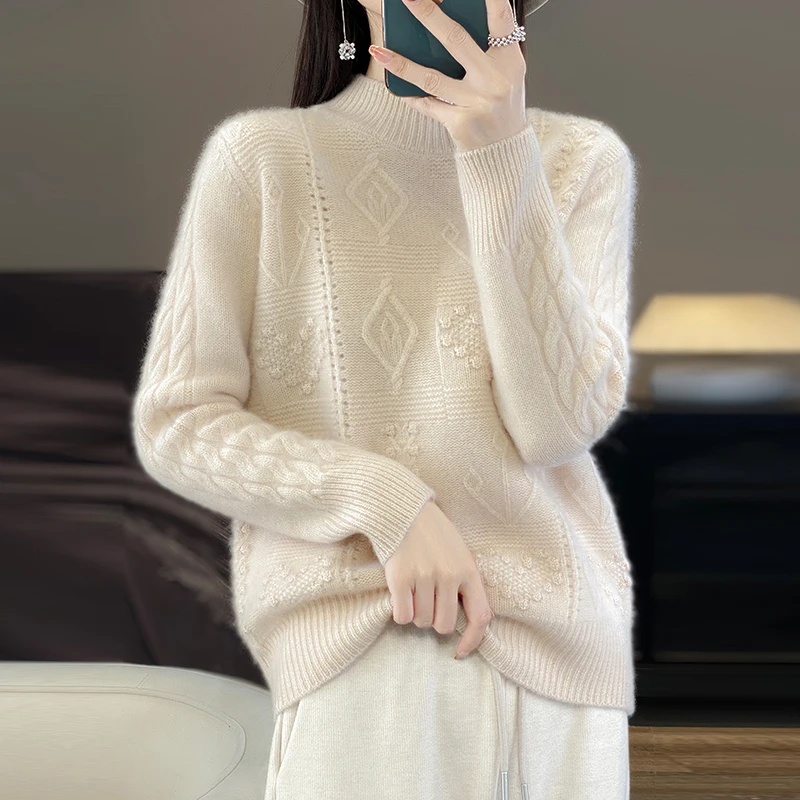 

Women's Knitted Half High Collar Pullover, Knitted Sweater, Fashionable Hollow Out, 100% Australian Wool Top, New, Autumn and Wi