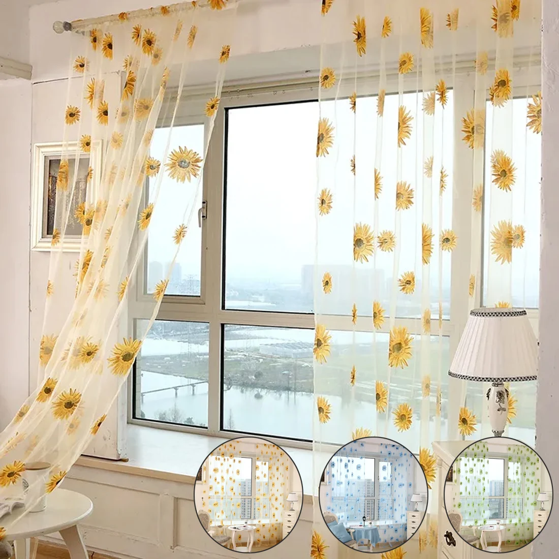 

Sun Flower Tulle Curtains for Living Room Bedroom Kitchen Yellow Floral Voile Sheer Curtains for Window Treatment Drapes Blinds