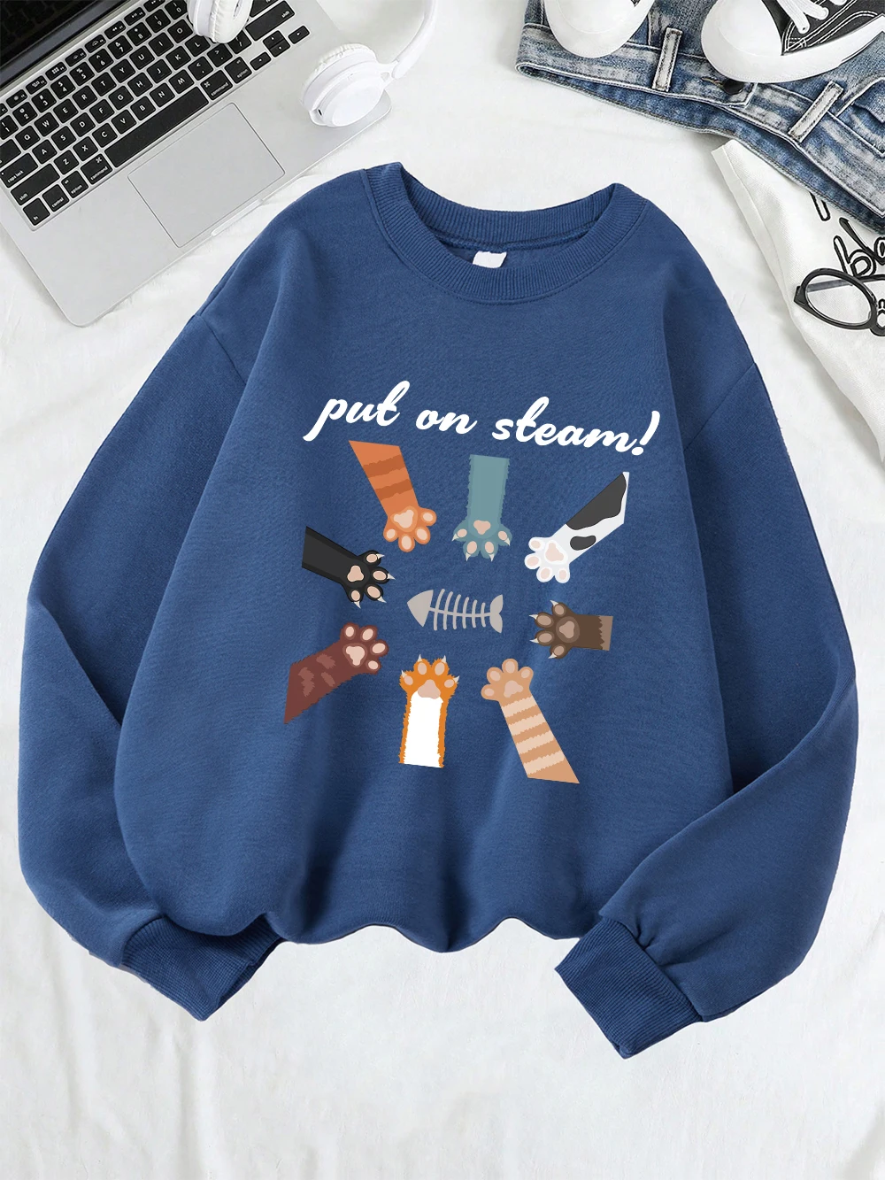 وضع البخار مضحك القط النخيل المطبوعة بلوزات المرأة الشتاء الصوف الدافئة هوديس Crewneck فضفاض البلوز أساسيات ملابس كاجوال #1