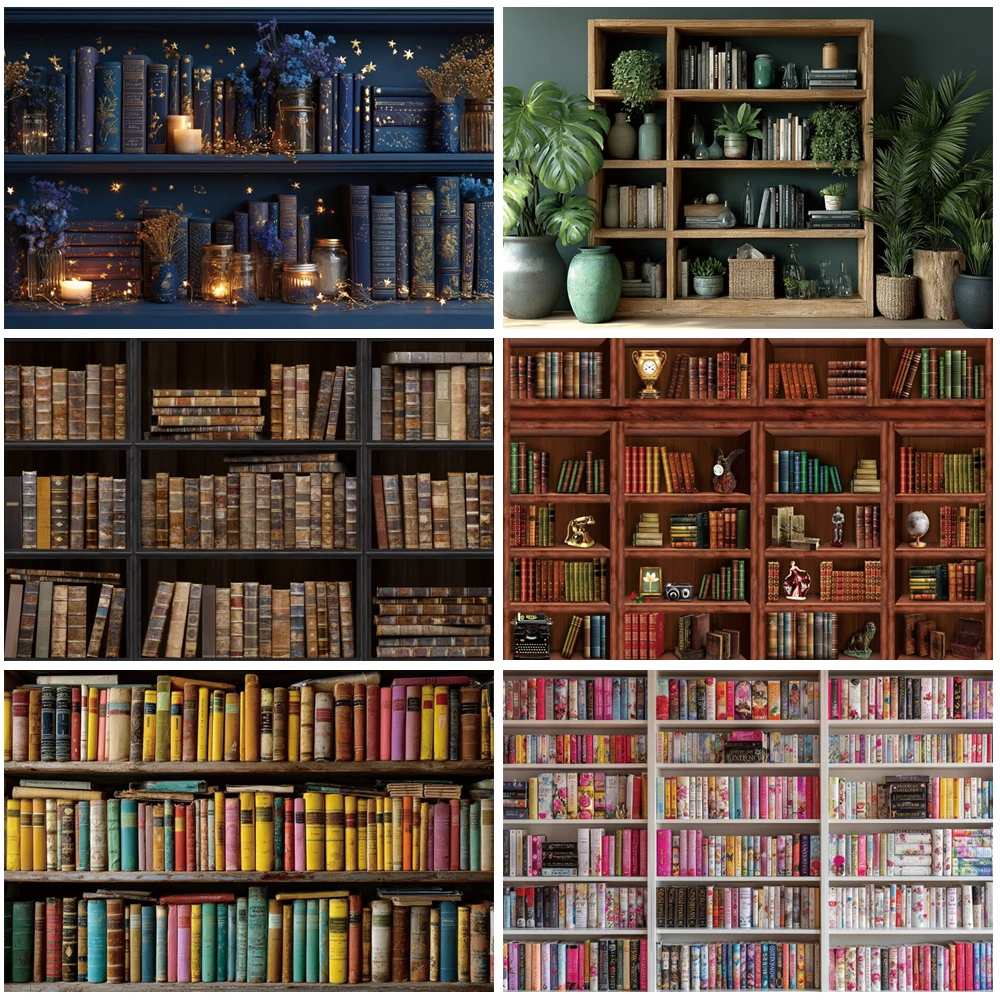 

MOON.QG Vintage Library Backgrounds for Photographs Backdrop Birthday Book Floral School Bookcases Accessories Photo Portrait