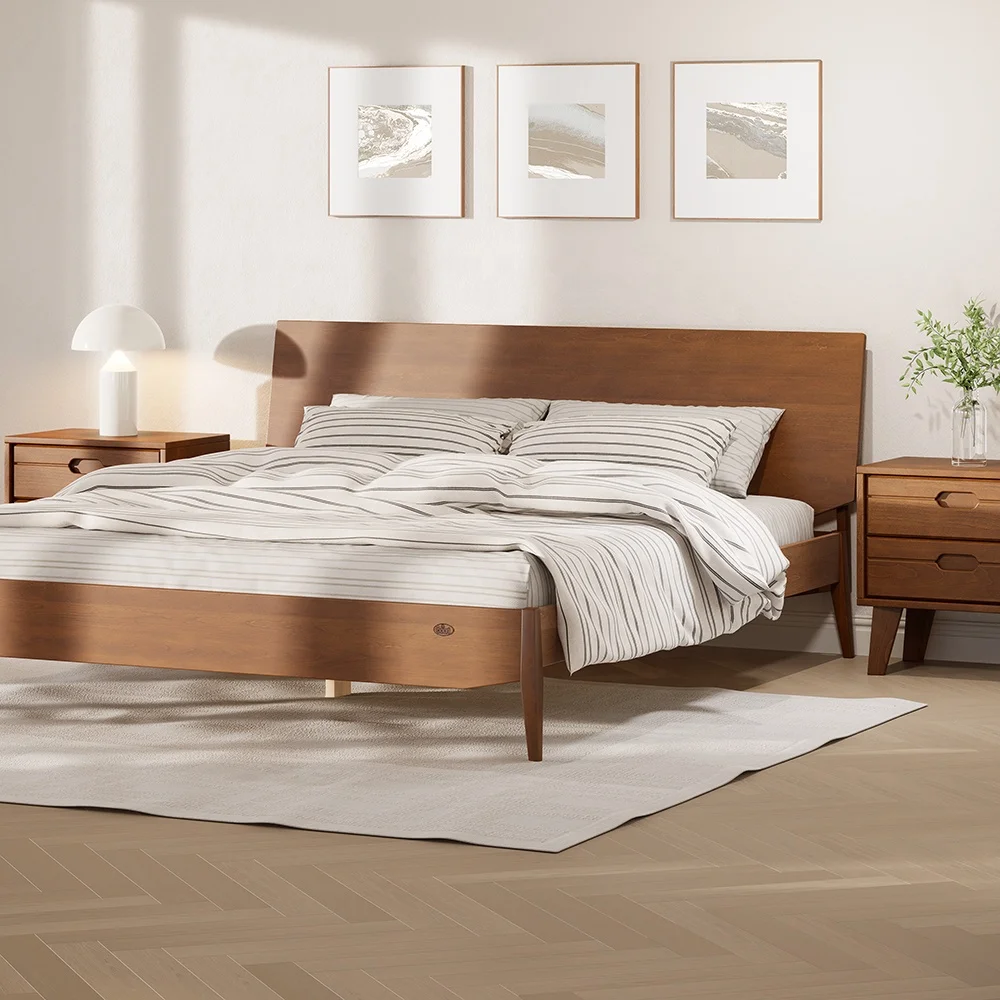 Modern Nordic Style Custom Solid Wood Field Queen King Size Bed Elegant Double Wooden Platform Bed Frame for Adults - view 2