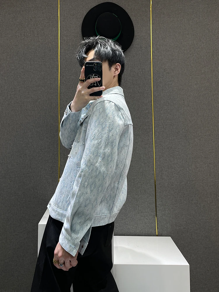 Men's 2025 Spring Autumn New Embroidered Pearl Design Denim Coats Solid Color Denim Jackets Men's High-End Stylish Denim Jacket