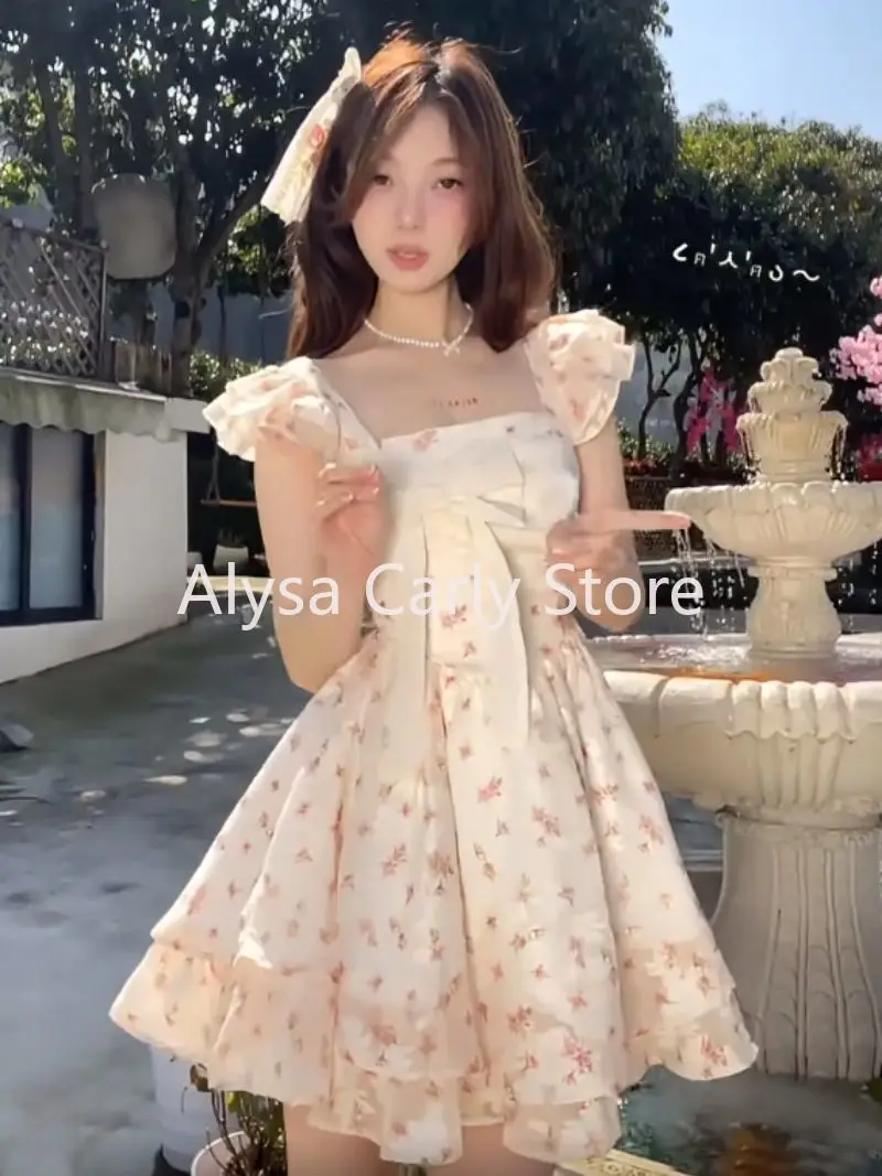 Japan Sweet Floral Mini Dress Women Elegant Cute Bow Flying Sleeve One Piece Dress Summer Sexy Fairy Casual Evening Party Dress