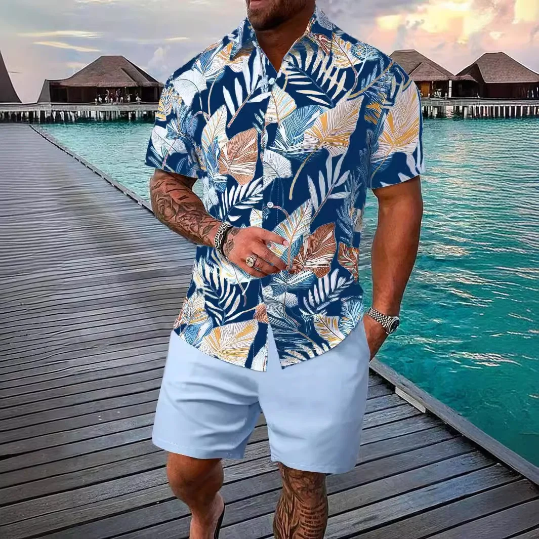 Hawaiian Palm Tree Button Shirts +Shorts Tracksuits Summer Beach Sets 3D Two Piece Sets Hawaii Shirts Sets Boy Beach Suit