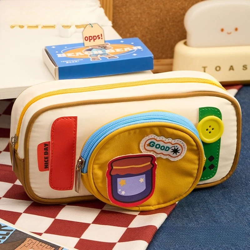 Cute Cartoon Button Pencil Case High Value Large Capacity Removable Stationery Case Multi-layer Student Pencil Case