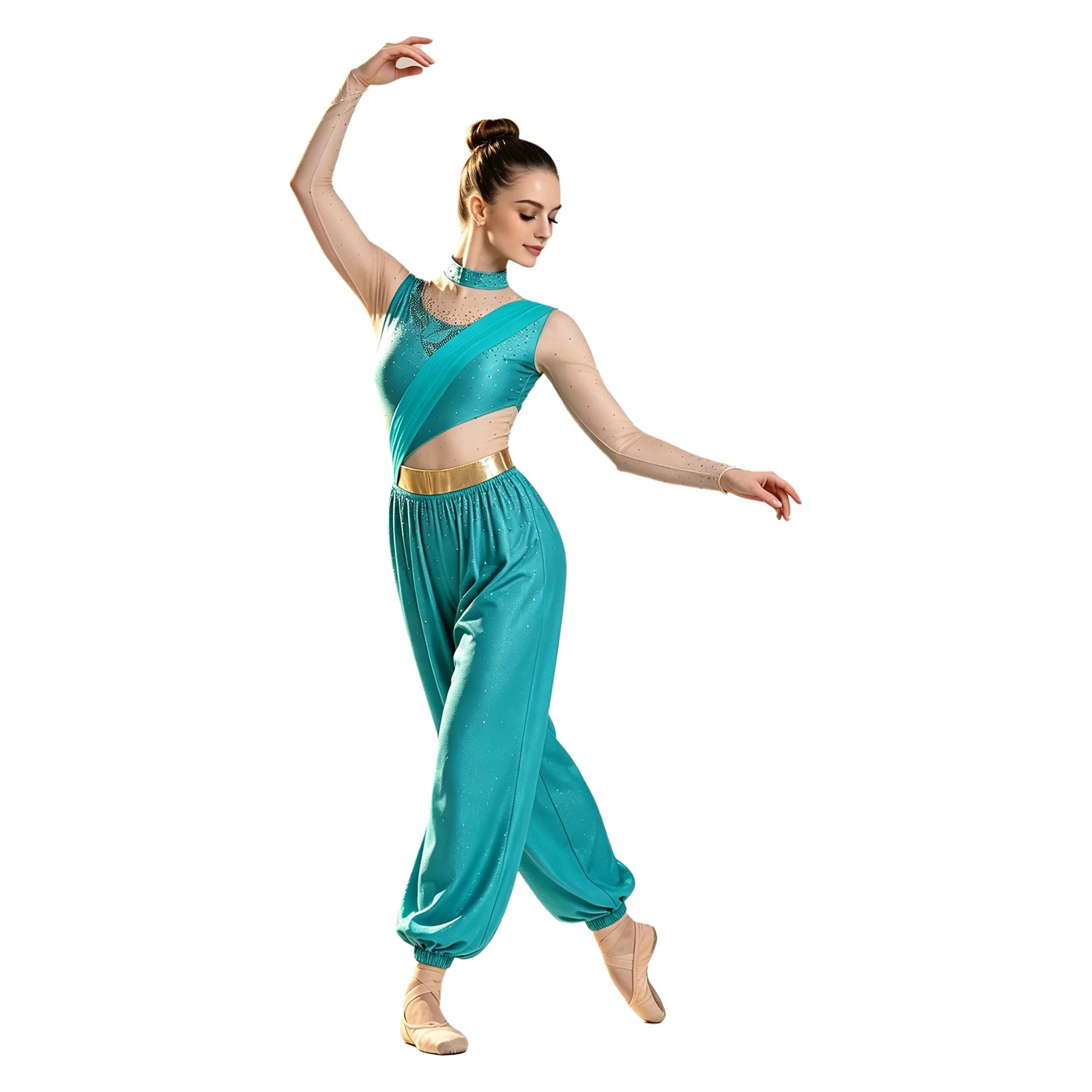 Disfraz de princesa árabe de cuento de hadas para mujer, con pedrería, malla transparente, manga larga, mono, ideal para fiestas de Halloween y bailes orientales.