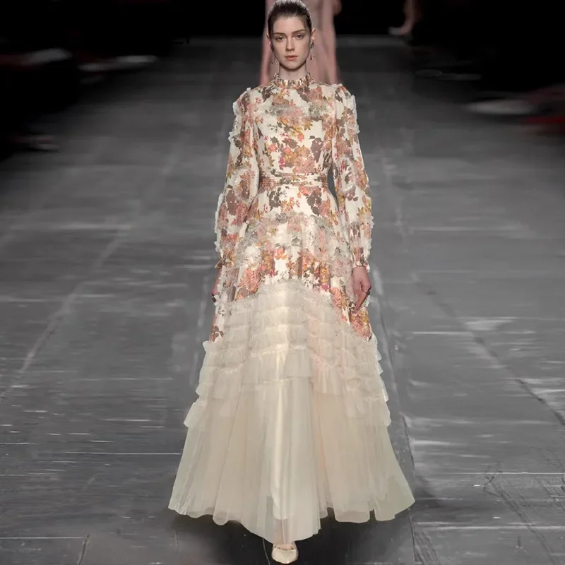 MARYYIMEI Autumn and Winter Women's Dress Stand collar Lantern Sleeved Mesh Splicing Edible Tree Fungus Edge Ball Gown Dresses