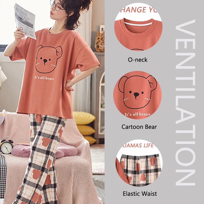 Women Pajamas Set Korean Version of the Autumn and Winter Cartoon Bear Christmas Pajamas Round Neck Long Sleeve Trousers 2 Piece