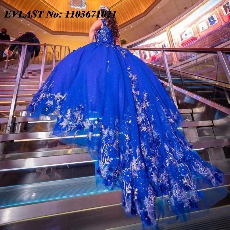 EVLAST Mexican Royal Blue Quinceanera Dress Ball Gown 3D Floral Applique Beading Corset Sweet 16 Vestidos De XV 15 Anos SQ37