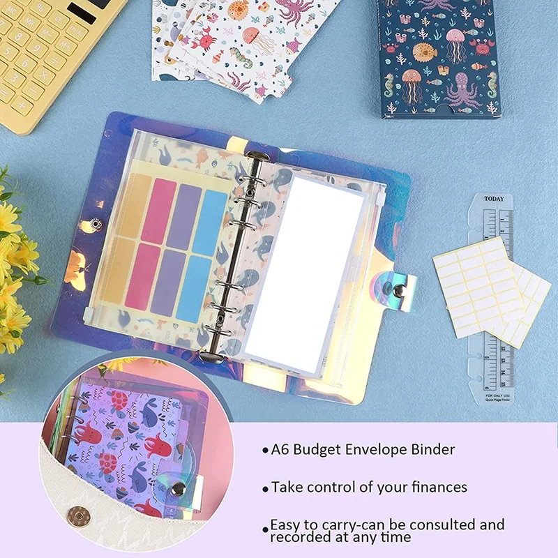 A6 PVC Binder Cover,Budget Envelope, Storage Card Bags,Blank Stickers For 6-Ring Cash Envelopes,Daily Money Planner