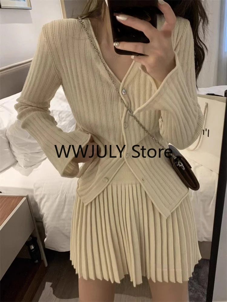 2023 Autumn Grey Knitted Suit for Women Korean Slim Short Cardigan Top High Waist Fashion Skirt Suit Outfit 2 Piece Set Chic