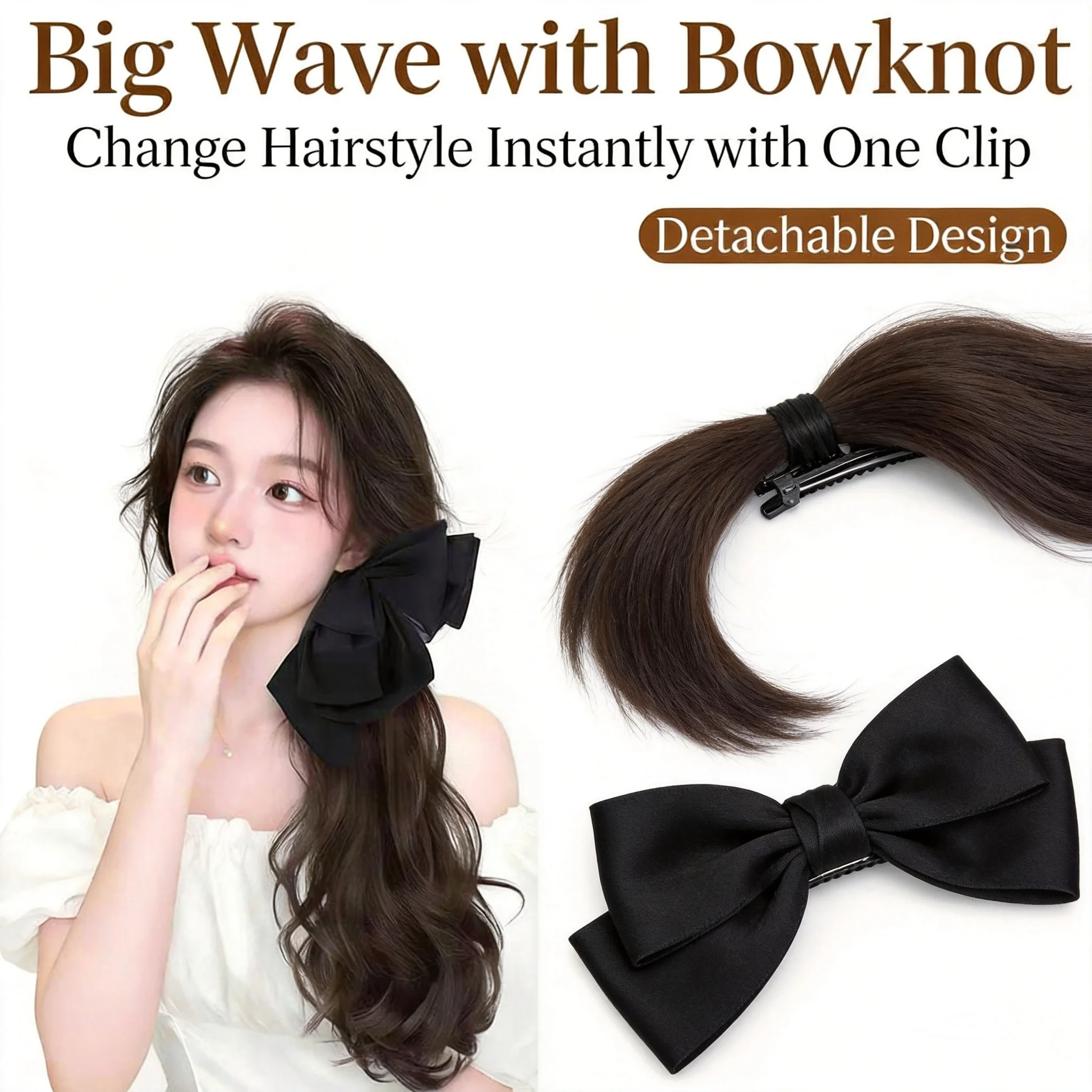 取り外し可能な黒のリボン付きヘアクリップ、50cmの長さのナチュラルウェーブポニーテールヘアエクステンション、マルチカラーの合成フェイクヘアピース（女性用）