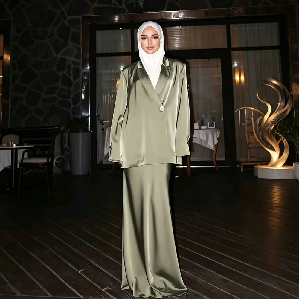Elegant Satin Single Breasted Women's 2 Pieces Jacket Skirt Smart Casual Chic Office Female Outfit Trajes De Mujer Elegante