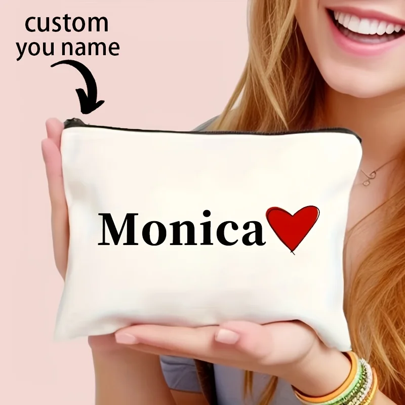 Personalized Makeup Bag Custom Name Cosmetic Bag Heart Printed Canvas Zipper Makeup Pouch Travel Toiletry Organizer Custom Gift