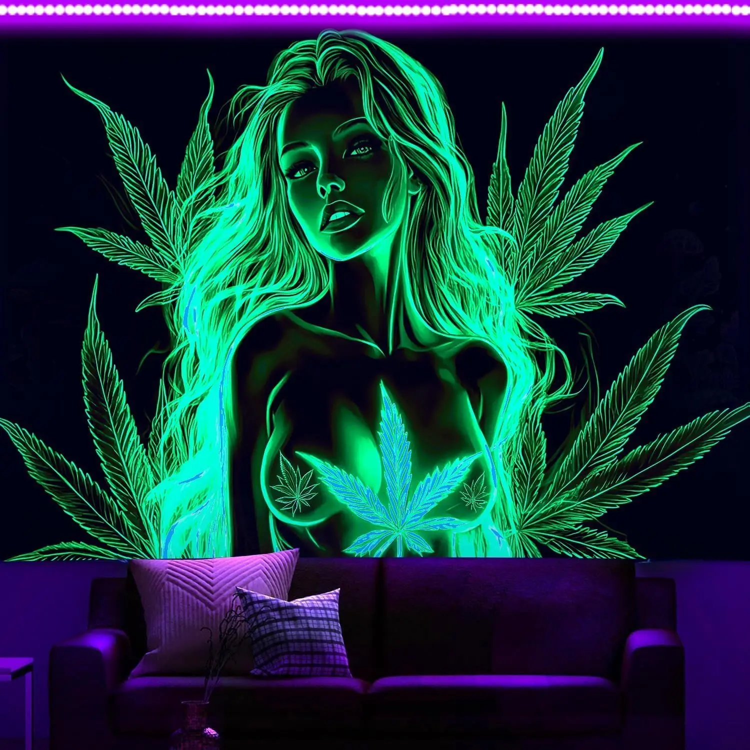 Psychedelic Girl Tapestry - Neon Green Leaf Wall Art, Trippy Smoking Decor, Boho Bedroom Gaming Room, Multiple Sizes