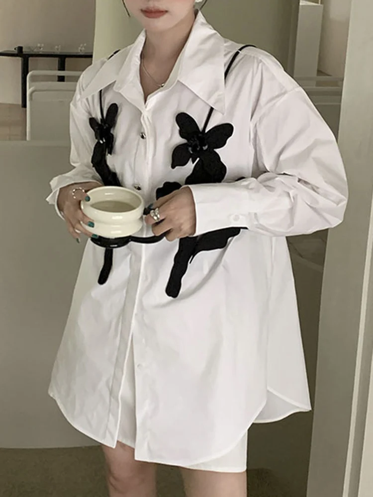 YERMORA white spliced flower casual blouse for women lapel long sleeve loose fit new shirt fashion tide spring autumn 2025