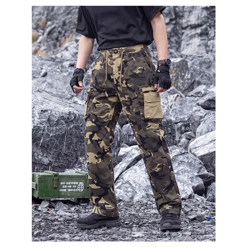 Outdoor Men Camo Tactical Cargo Pants Multi Pockets Drawstring Elastic Waist Wear Resistant Straight Hiking Work Streetwear Trou - view 4