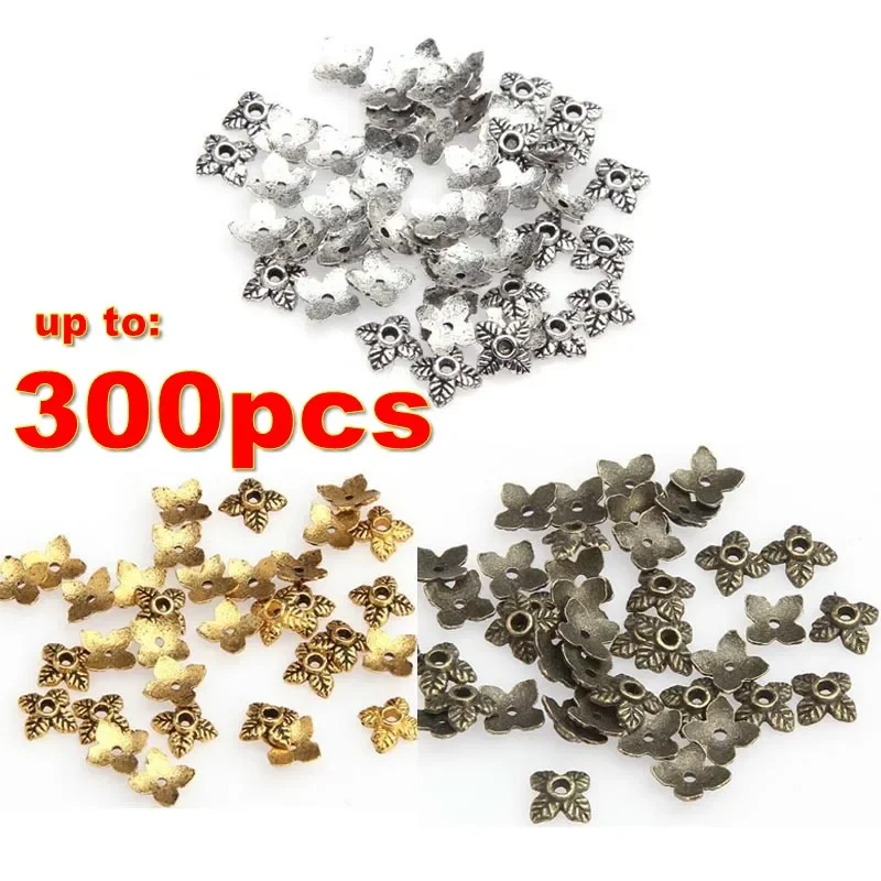 300 Pcs 200pcs 100pcs Tibetan Silver / Gold Tone Alloy 4 Leaf Bead Caps for Jewelry Making Findings 6mm Beads DIY Craft