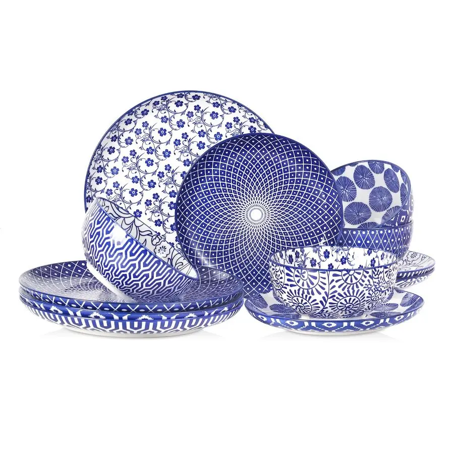 

Наборы керамических тарелок и мисок, 12 предметов, набор посуды на 4 персоны, устойчивый к царапинам, подходит для посудомоечной машины и микроволновой печи, винтажный стиль.