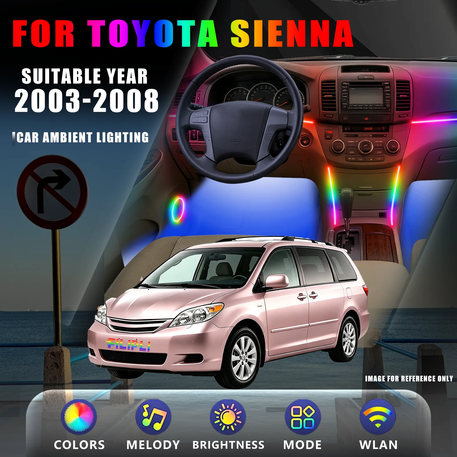 FOR TOYOTA Sienna 2003-2008 YEAR DREAM COLOR 6 Lights car ambient light kit sliding door carpet welcome glow music rhythm sync clip on mount app custom light sequence interior accessory