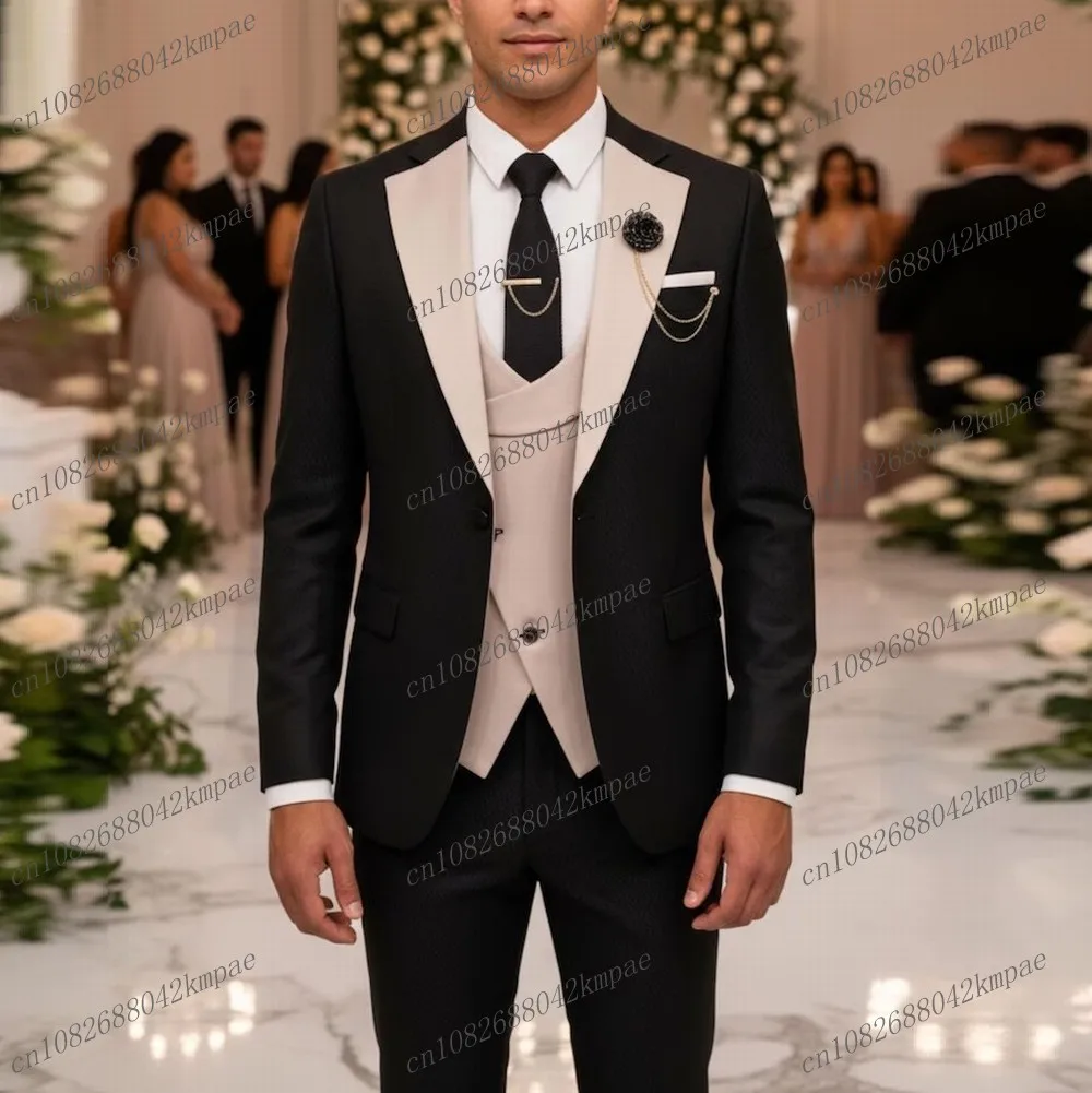

Новый черный и бежевый деловой мужской костюм для жениха, жениха, свадебной вечеринки, выпускного вечера, деловые мужские смокинги, комплект из 3 предметов, пиджак, жилет, брюки
