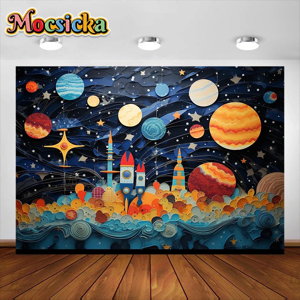 Фотофон Mocsicka Космос Вселенная Галактика Звезды ракета дети день рождения торт разбивать Декор фон фотостудия