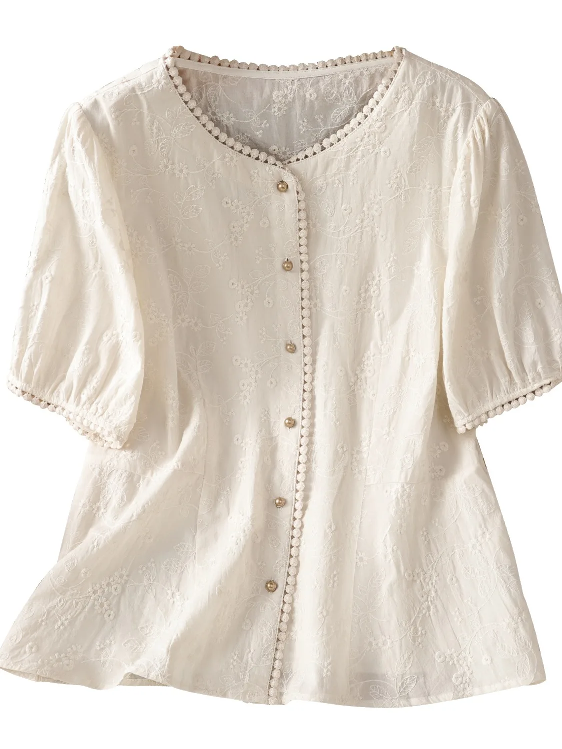 Csa fena e com gola redonda, manga curta, bordado, flor, novo estilo chinês, costura pesada, moda verão