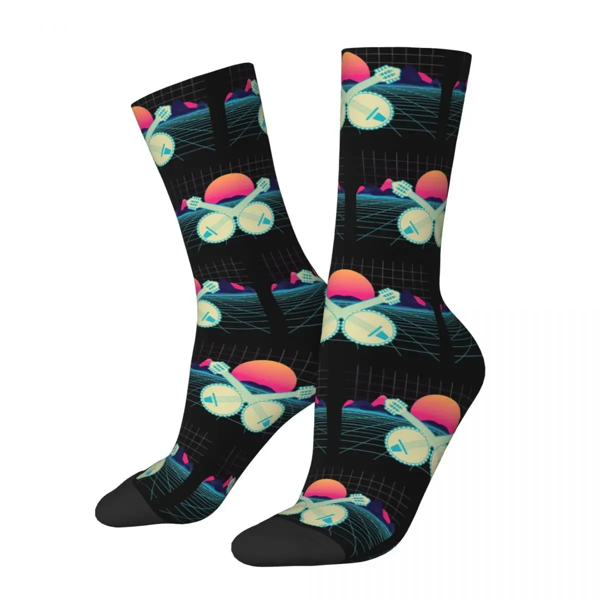 Retro Banjo Mountains And Sun 80's Graphic Gift Socks Super Soft Stockings All Season Long Socks for Man Woman Birthday Present