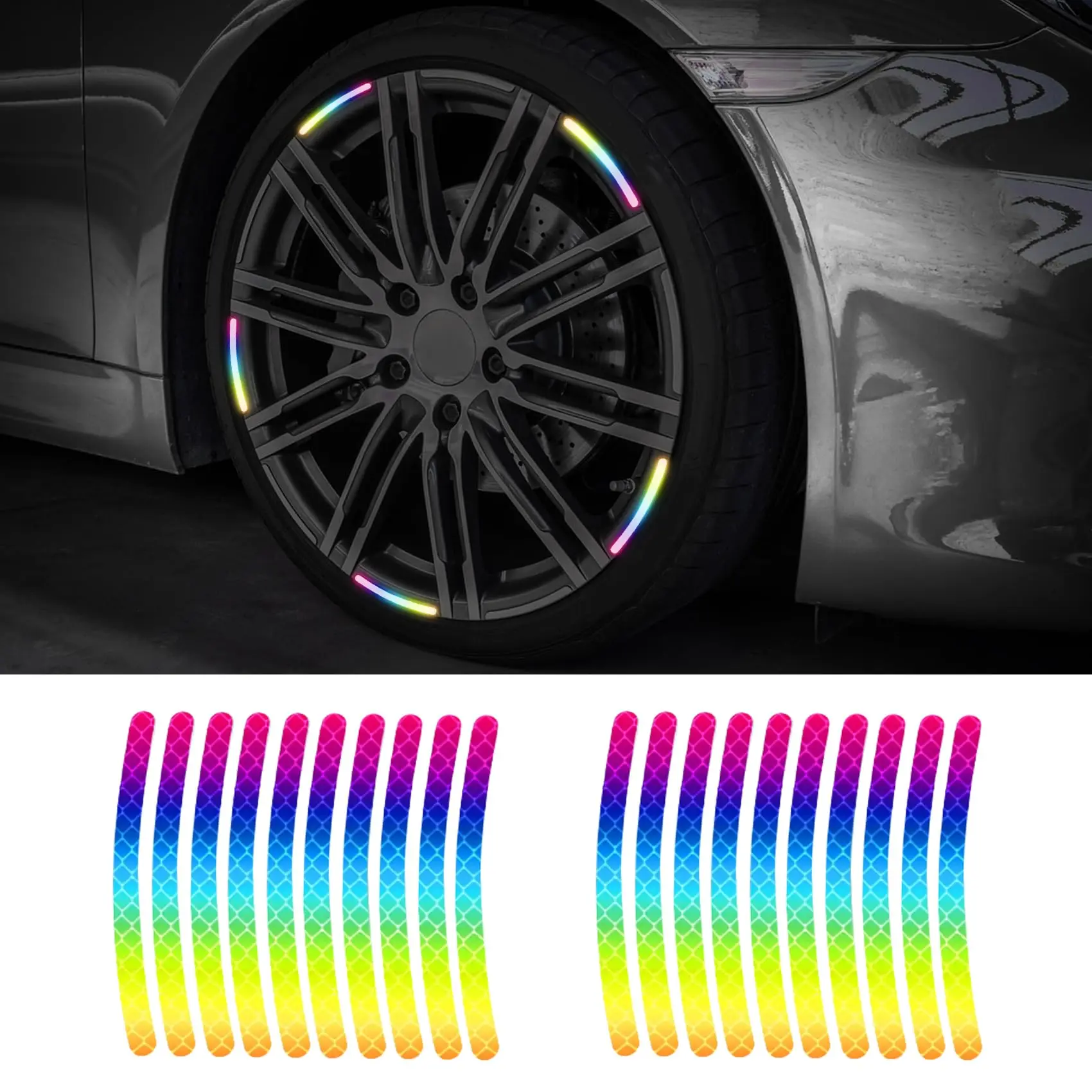 

20PCS Reflective Car Wheel Decorative Stripe Stickers, Night Safety Warning Tape Sticker, Anti-Scratch Tire Rims Sticker, Univer