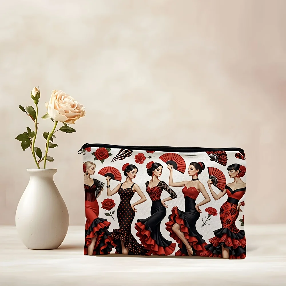 Vintage Flamenco Style Flat Storage Pouch Featuring a Print of a Passionate Spanish Dancer with a Rose Folding Fan Storage Bags