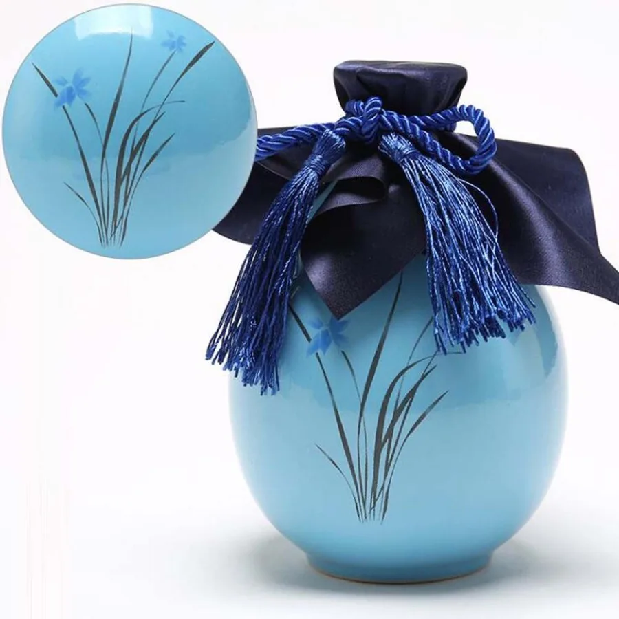 17 ออนซ์สีฟ้าเซรามิคขวดไวน์สไตล์จีนที่ว่างเปล่าไวน์กล้วยไม้ Lotus ขวดไวน์ขนาดเล็ก Flagon