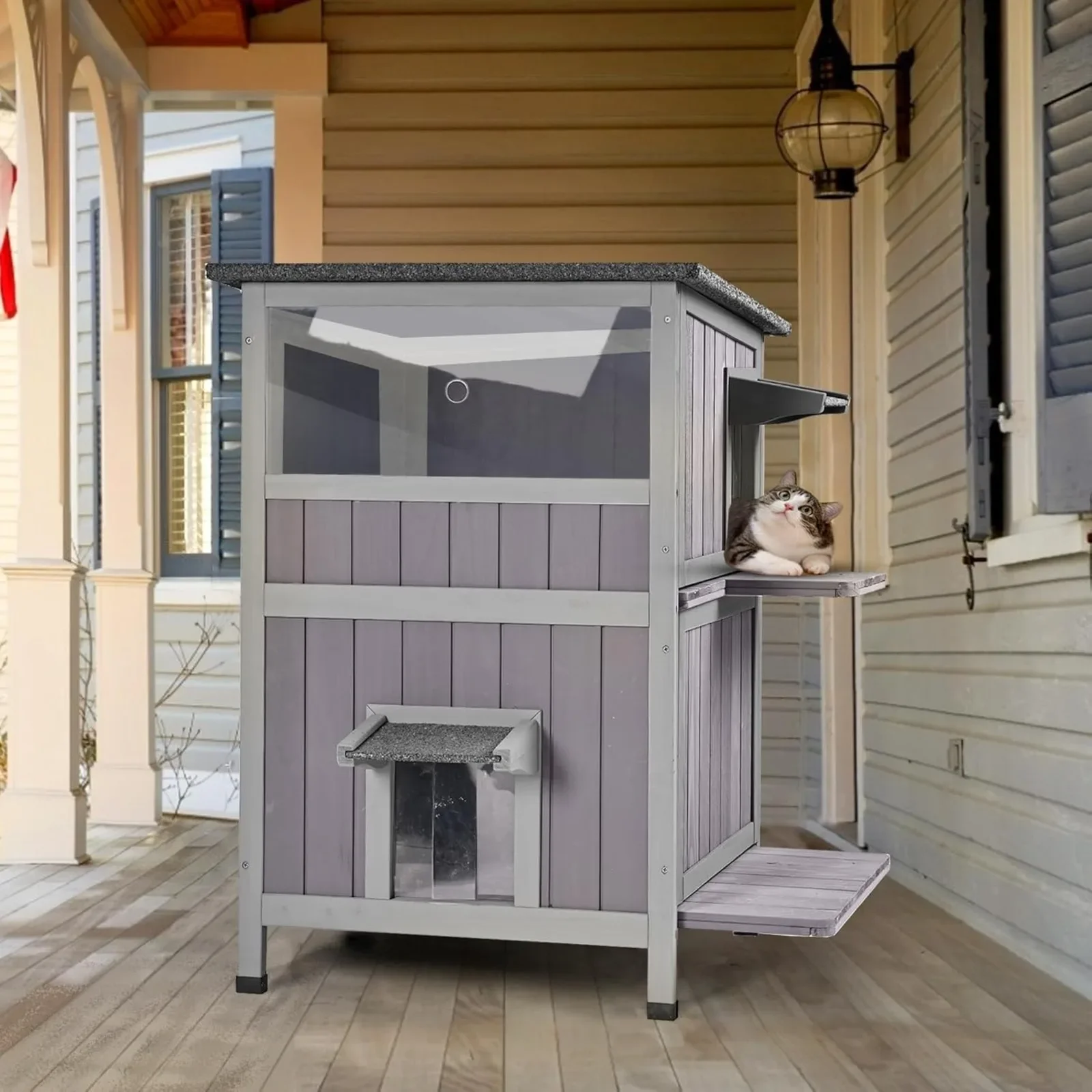 US Outdoor Feral Cat House 2-Story Cat Cottage Kitten Shelter with Window，Feral Cat Shelter，Cat House for Winter