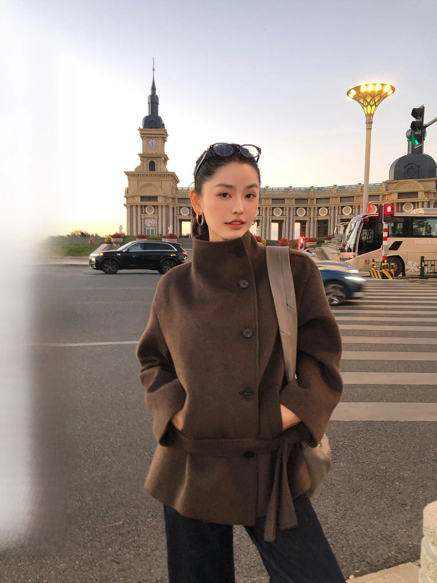 Pusumede Cuban Serenity Short Cotton Lined Woolen Coat Stand Collar Removable Waist Belt Women's Elegance Fashion Outerwear
