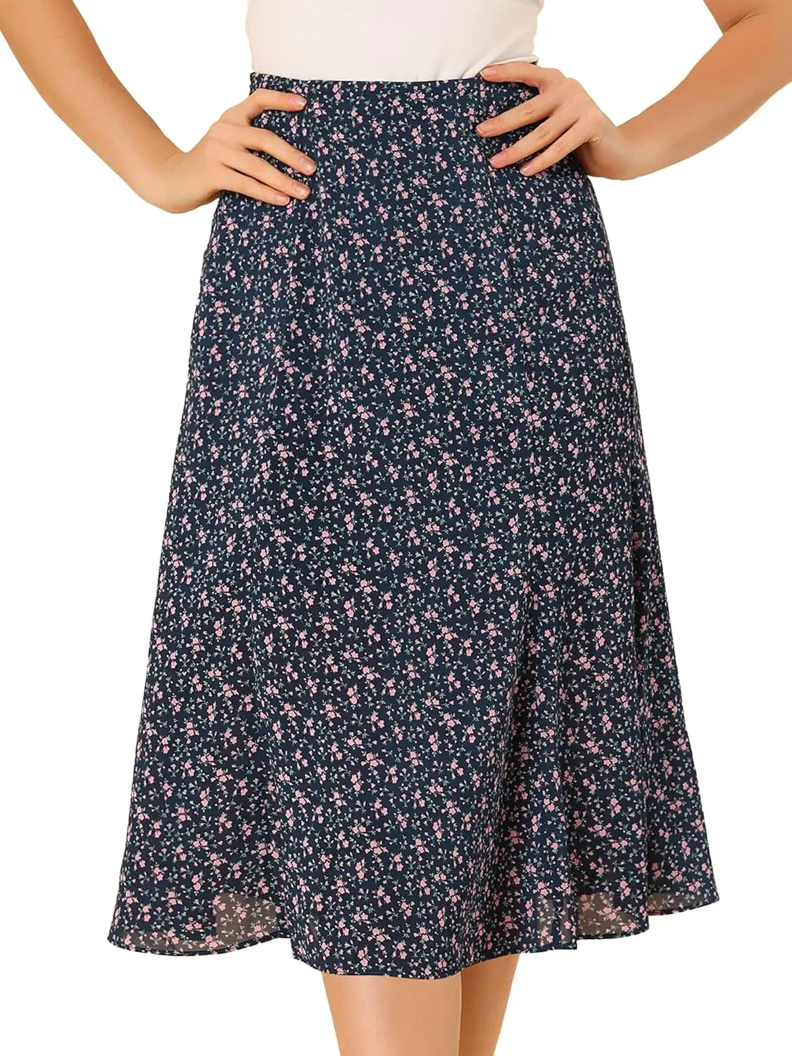 

Luxy Trio Women's Floral Midi Skirt Peasant Elastic Waist A-Line Ditsy Leave Print Skirts