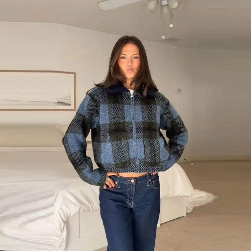 

Contrast Grid Sweater Coat for Women Lapel Long Sleeve Zipper Jacket Vintage Blue-green Checkered Outwear 2025 New Lady Coats