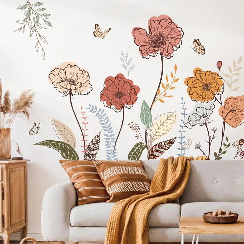 

2Pcs Flower Botanical Wall Stickers Living Room Bedroom Wall Stickers Room Decoration Accessories PVC Removable Home Decoration