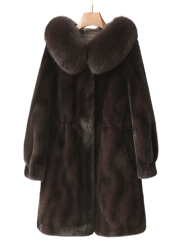 

Mink fleece coat women's 2025 new hooded fox fur collar waist medium and long coat mother fur coat
