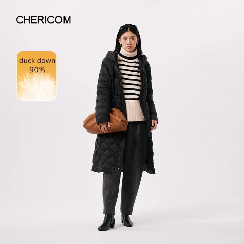 Chericom Knee Hooded Thickened Women's Winter Down Jacket Solid Color Rhombus Premium Waterproof Thin Versatile Coats 299067