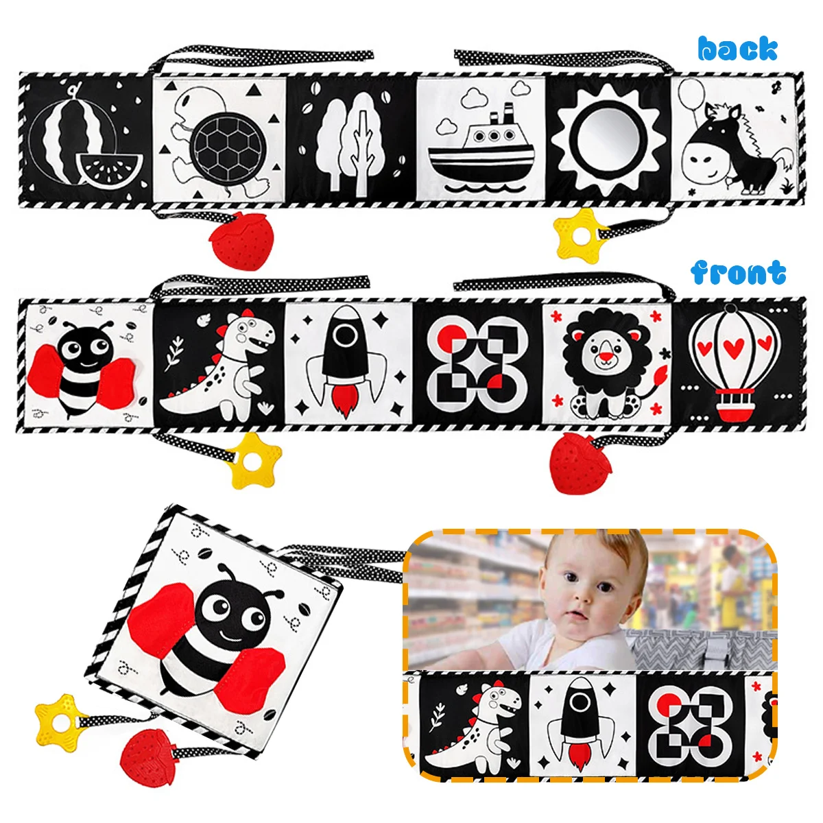 ソフトベビーブック - 高コントラストの白黒触感布絵本、乳幼児向け、女の子と男の子へのギフト