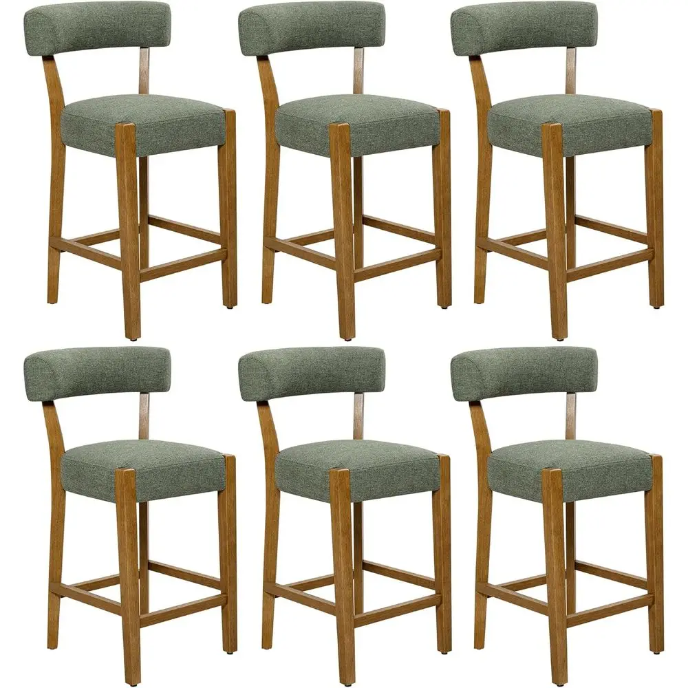 

Set of 6 Upholstered Green Linen Fabric Bar Stools with Solid Walnut Legs for Counter Height Use