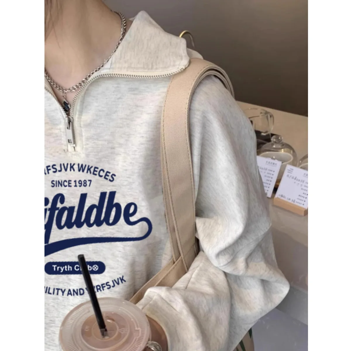 Loose Long Sleeve Polo Neck Half Zipper Sweatshirt Women's Korean Sle Autumn Winter New Letter Print Lazy Sle Pullover