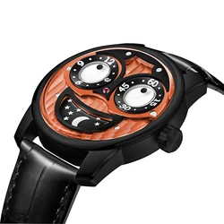 OBLVLO-reloj automático de cuero para hombre, cronógrafo mecánico con esfera grande de Joker, bobinado automático, a la moda