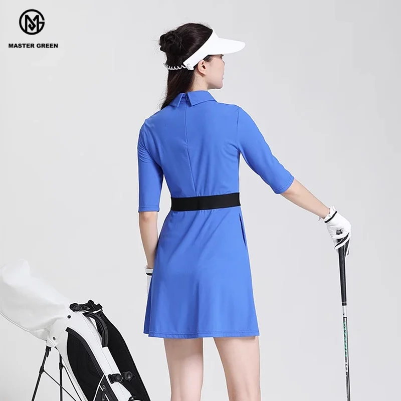 MG Golf Polo Dress Women Half Sleeves Long Dresses Slim High Stretch Quick Drying Blue Stripe Skirt Tennis Golf Apparel Casual