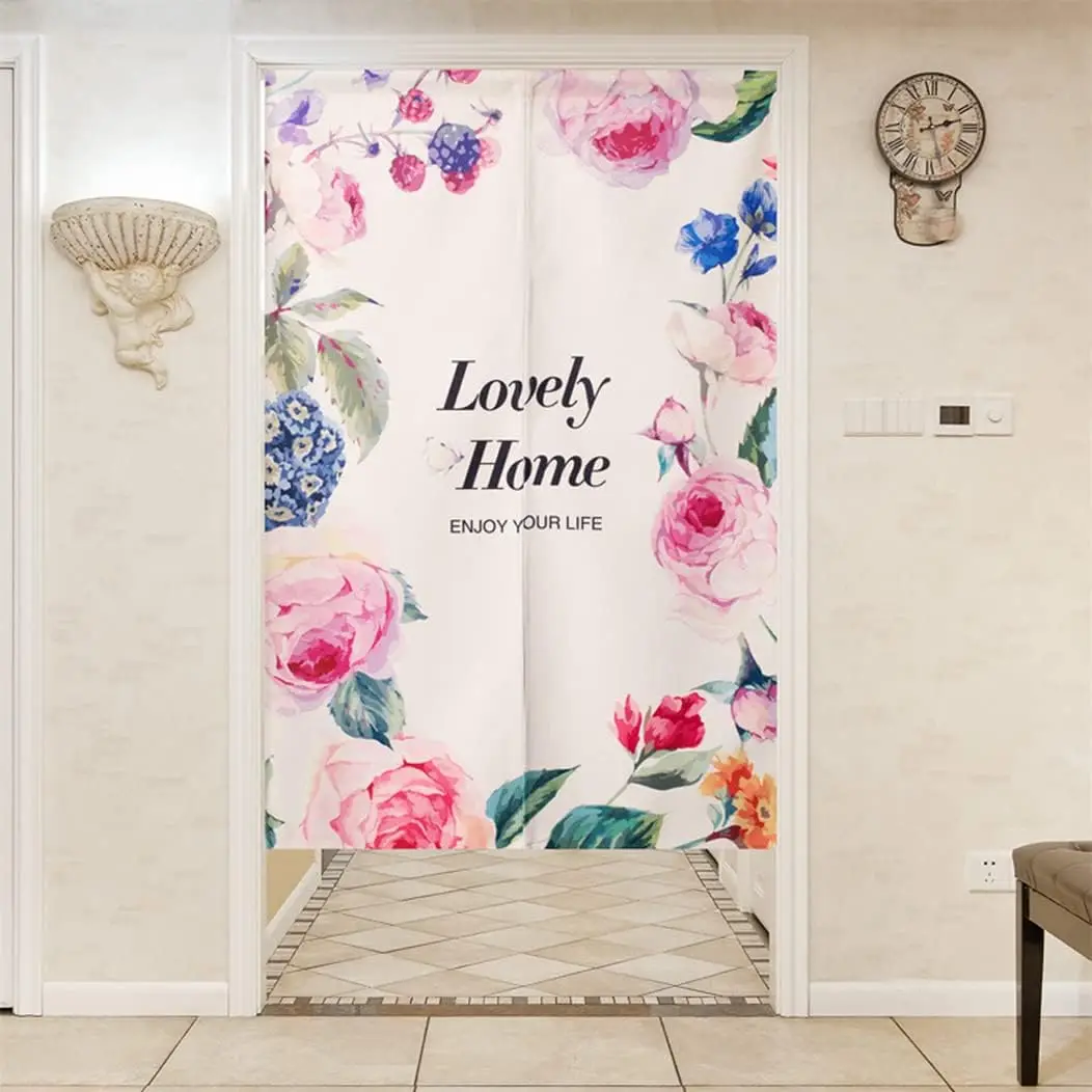 Floral Noren Curtain, Romantic Style White Background Print, Lovely Home Room Divider With Watercolor Peony Details