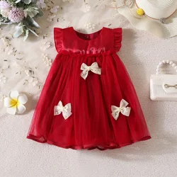 Girls Spring Dress New Korean Version Bow Small Flying Sleeves Baby Red Tank Top Skirt Sleeveless Spliced Mesh Princess Dress