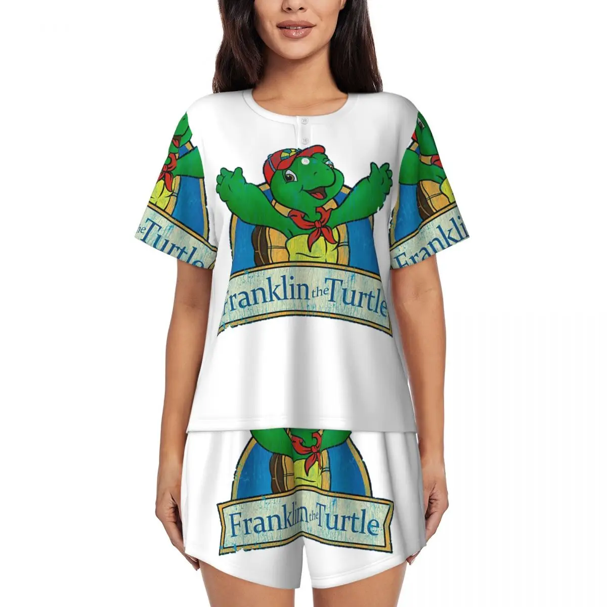 

Винтажная ночная рубашка с круглым вырезом и короткими рукавами с изображением черепахи Франклина, женская свободная пижама с короткими штанами
