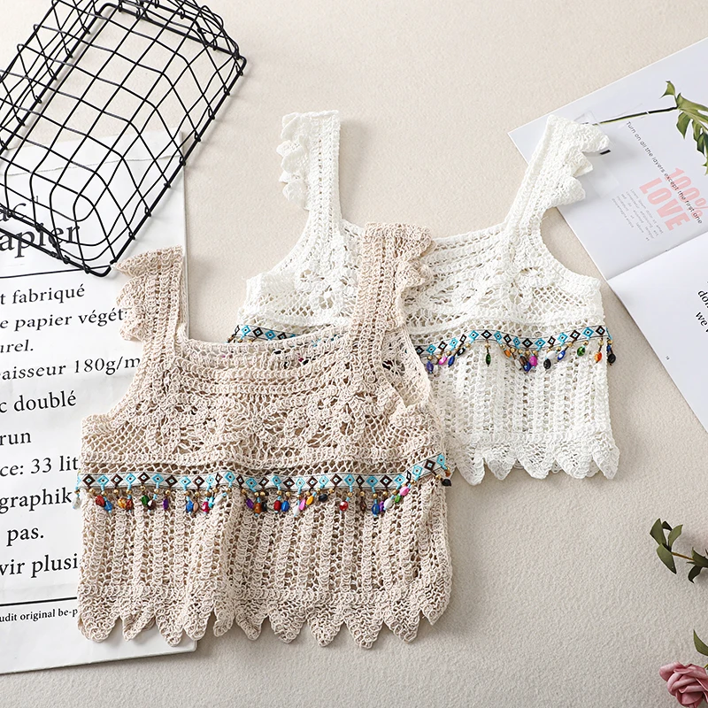 

Женский тонкий шерстяной вязаный жилет-накидка в этническом стиле с ажурным цветочным узором, свободный крой