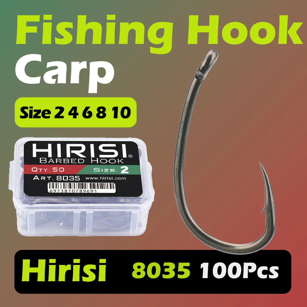 Рыболовные крючки Hirisi 8035, 100 шт., из высокоуглеродистой стали с PTFE-покрытием, с микро-зубцами и ушком, с соединяемым контейнером для хранения, рыболовные аксессуары