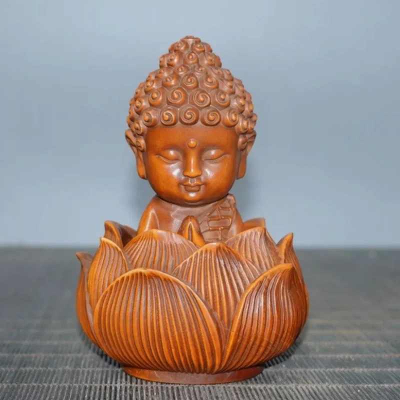 Chinese Vintage Boxwood Carved Exquisite Baby Buddha Lotus Statue Figurines Art