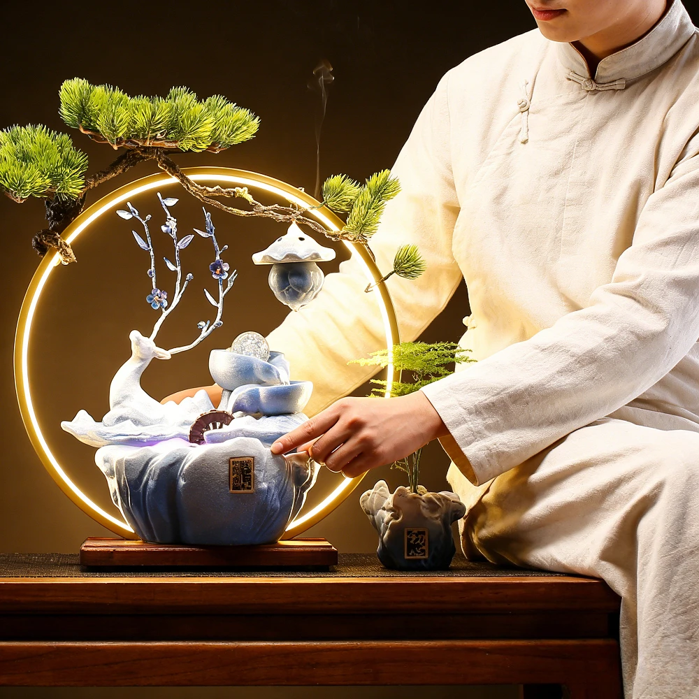 Creative New Chinese Style Decorative Items,With Lamp Ring,living Room Office Circular Water Fountain Humidifier,auspicious Gift